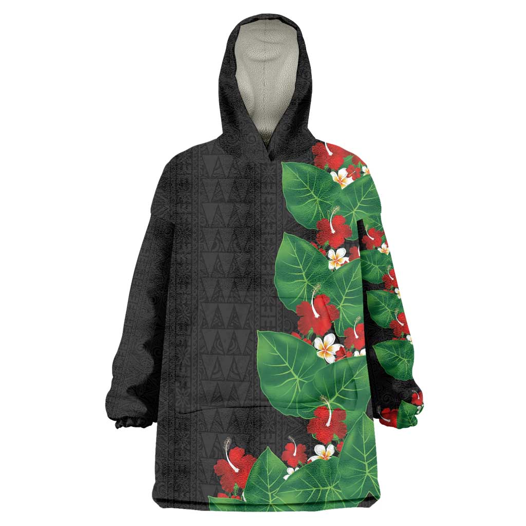 Hawaiian Taro Leaves-Hibiscus and Plumeria Wearable Blanket Hoodie Polynesian Art-Kakau Tattoo Black LT03 One Size Black - Polynesian Pride
