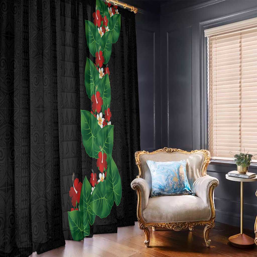 Hawaiian Taro Leaves-Hibiscus and Plumeria Window Curtain Polynesian Art-Kakau Tattoo Black