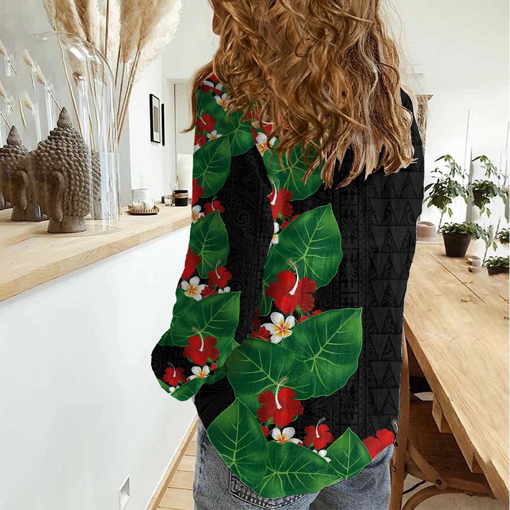 Hawaiian Taro Leaves-Hibiscus and Plumeria Women Casual Shirt Polynesian Art-Kakau Tattoo Black LT03 - Polynesian Pride