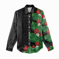 Hawaiian Taro Leaves-Hibiscus and Plumeria Women Casual Shirt Polynesian Art-Kakau Tattoo Black LT03 - Polynesian Pride