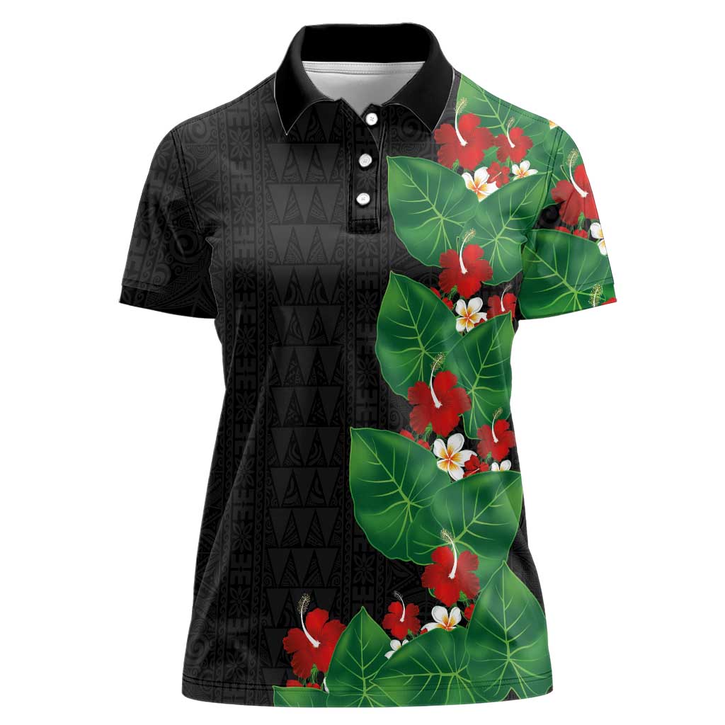 Hawaiian Taro Leaves-Hibiscus and Plumeria Women Polo Shirt Polynesian Art-Kakau Tattoo Black LT03 Female Black - Polynesian Pride