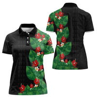 Hawaiian Taro Leaves-Hibiscus and Plumeria Women Polo Shirt Polynesian Art-Kakau Tattoo Black LT03 - Polynesian Pride