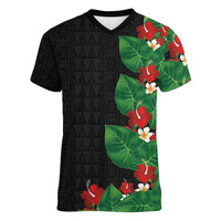 Hawaiian Taro Leaves-Hibiscus and Plumeria Women V-Neck T-Shirt Polynesian Art-Kakau Tattoo Black LT03 Female Black - Polynesian Pride