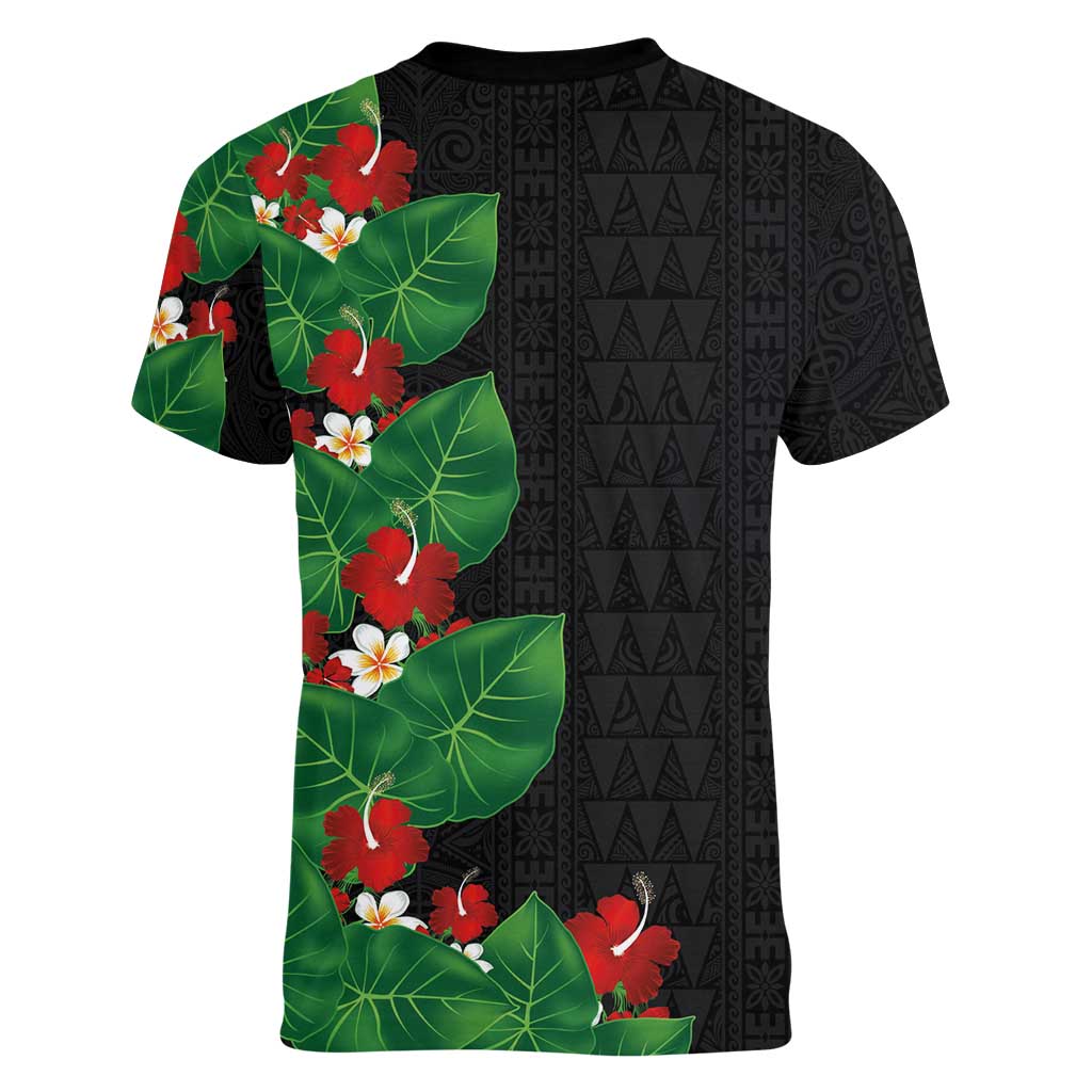 Hawaiian Taro Leaves-Hibiscus and Plumeria Women V-Neck T-Shirt Polynesian Art-Kakau Tattoo Black LT03 - Polynesian Pride