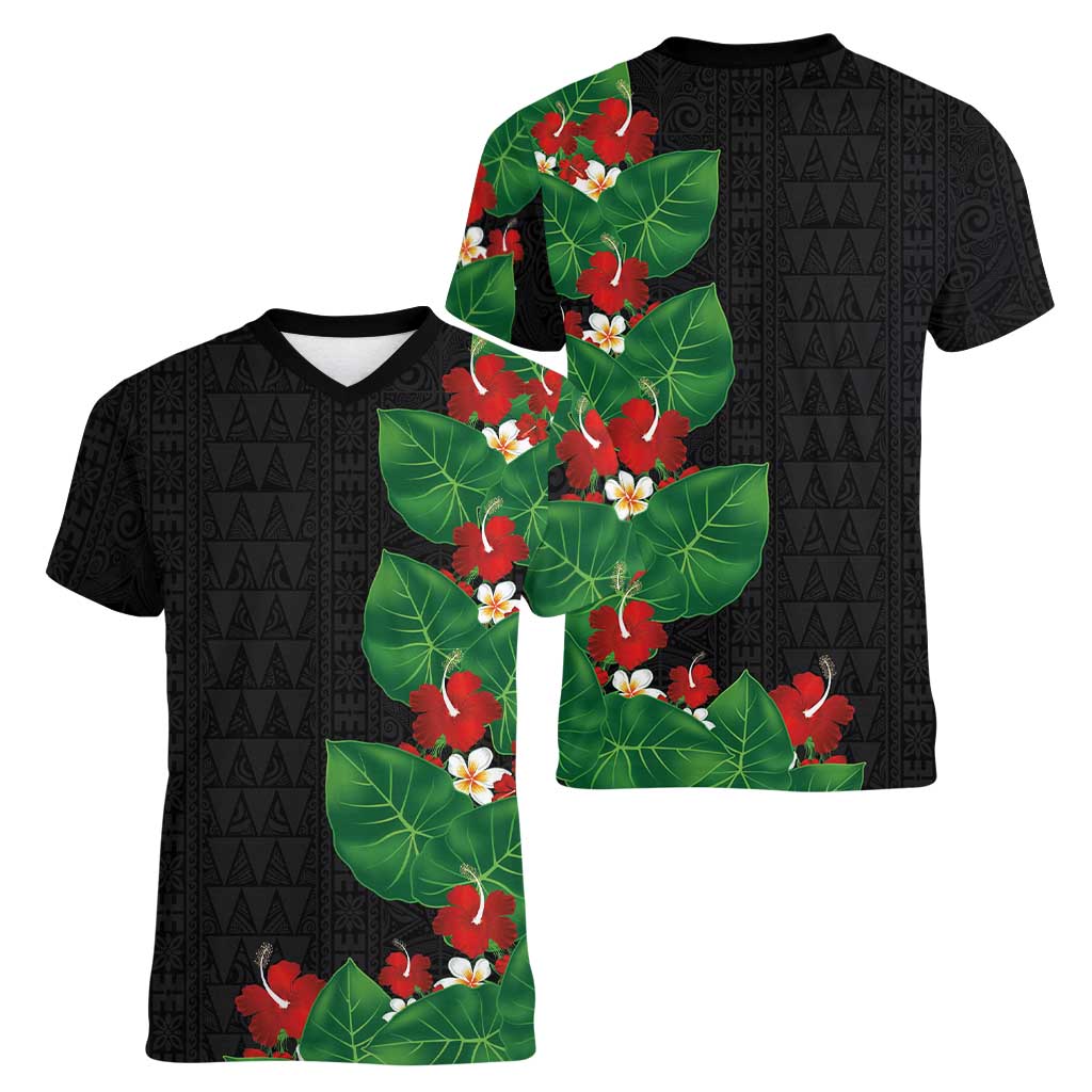 Hawaiian Taro Leaves-Hibiscus and Plumeria Women V-Neck T-Shirt Polynesian Art-Kakau Tattoo Black LT03 - Polynesian Pride