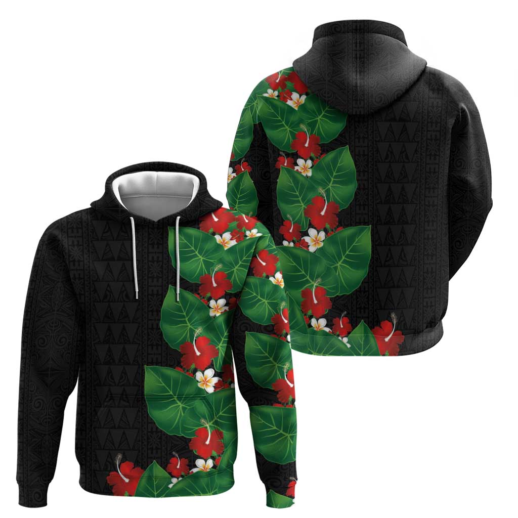 Hawaiian Taro Leaves-Hibiscus and Plumeria Zip Hoodie Polynesian Art-Kakau Tattoo Black LT03 - Polynesian Pride
