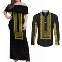 Philippines Polynesian Jasmine Pattern Couples Matching Off Shoulder Maxi Dress and Long Sleeve Button Shirt With Barong Tagalog Black Style LT03 Black - Polynesian Pride