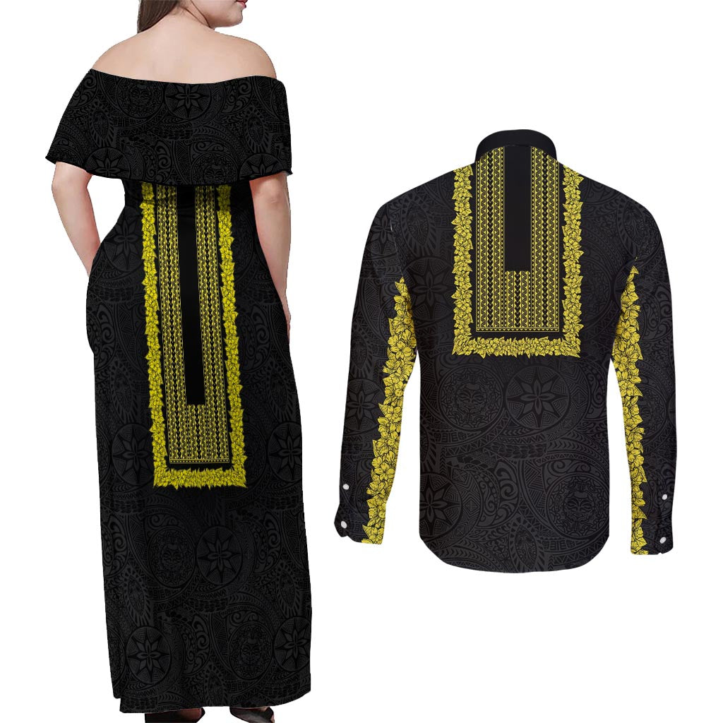 Philippines Polynesian Jasmine Pattern Couples Matching Off Shoulder Maxi Dress and Long Sleeve Button Shirt With Barong Tagalog Black Style LT03 - Polynesian Pride