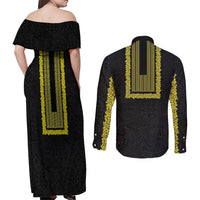 Philippines Polynesian Jasmine Pattern Couples Matching Off Shoulder Maxi Dress and Long Sleeve Button Shirt With Barong Tagalog Black Style LT03 - Polynesian Pride