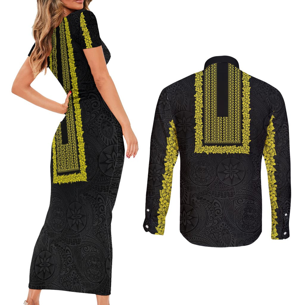 Philippines Polynesian Jasmine Pattern Couples Matching Short Sleeve Bodycon Dress and Long Sleeve Button Shirt With Barong Tagalog Black Style