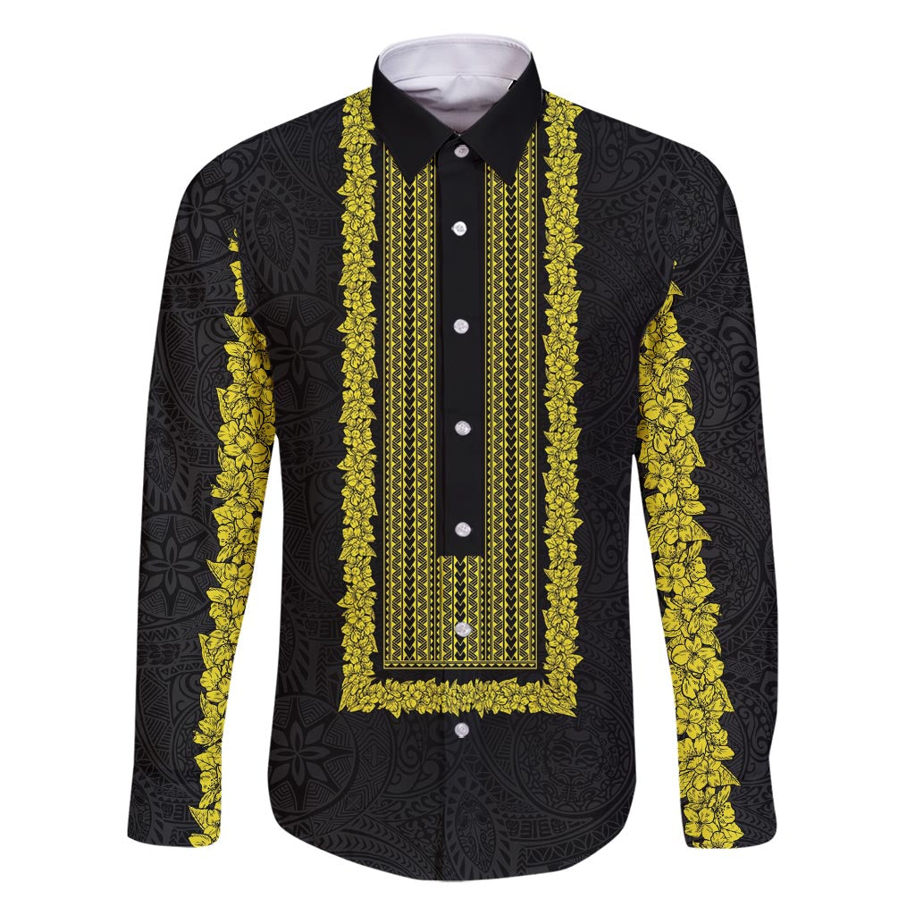 Philippines Polynesian Jasmine Pattern Family Matching Mermaid Dress and Hawaiian Shirt With Barong Tagalog Black Style