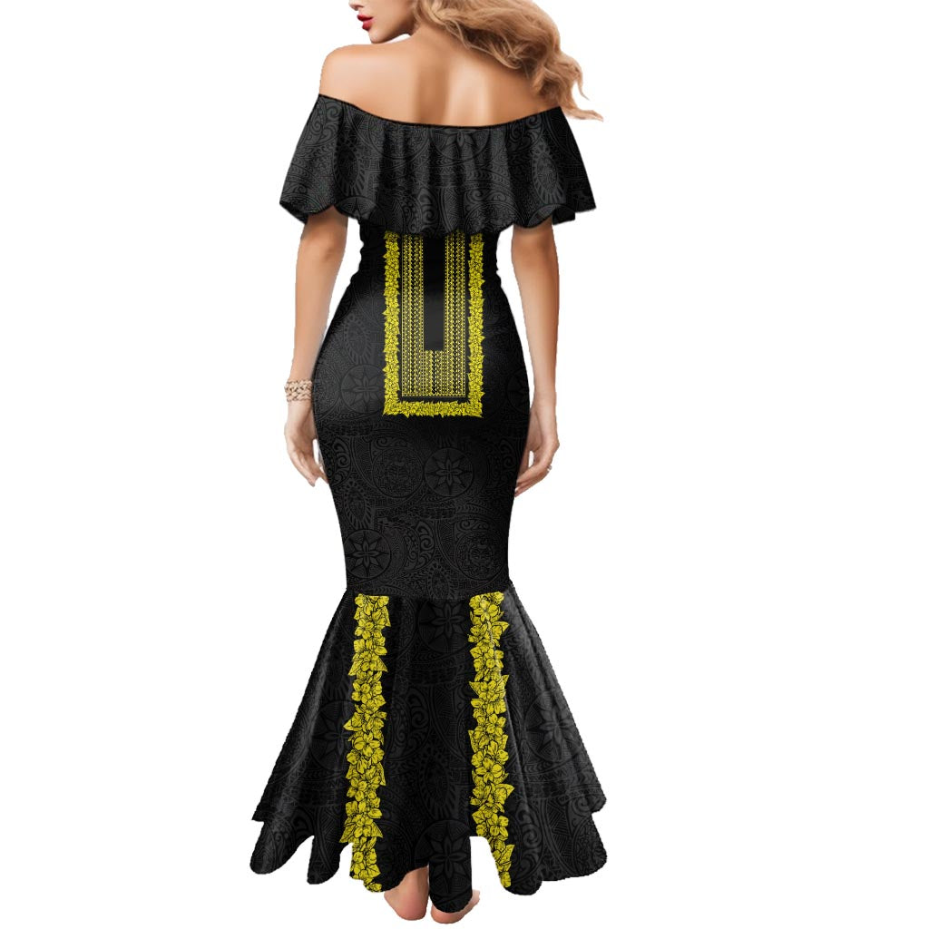 Philippines Polynesian Jasmine Pattern Family Matching Mermaid Dress and Hawaiian Shirt With Barong Tagalog Black Style