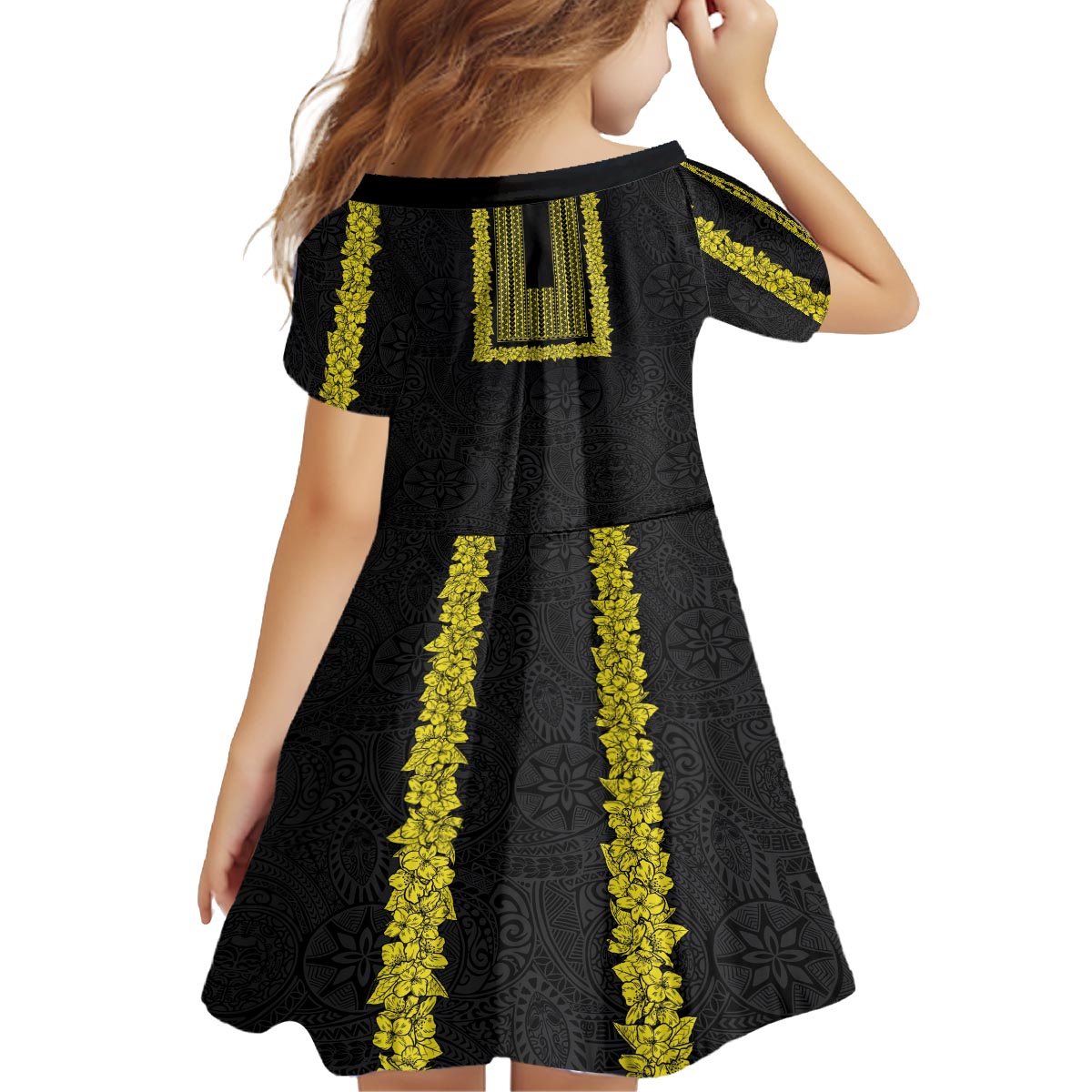 Philippines Polynesian Jasmine Pattern Family Matching Off The Shoulder Long Sleeve Dress and Hawaiian Shirt With Barong Tagalog Black Style
