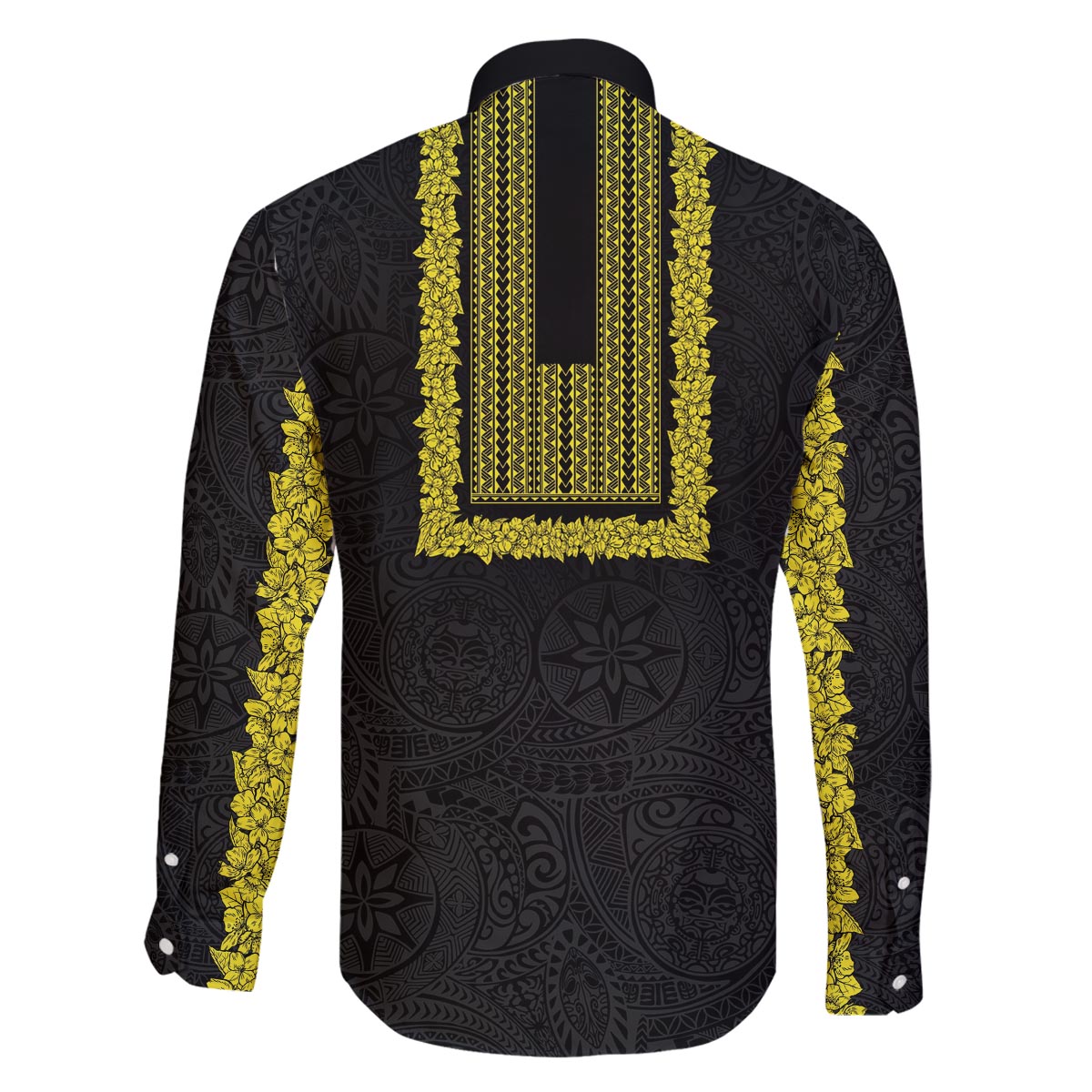 Philippines Polynesian Jasmine Pattern Family Matching Off The Shoulder Long Sleeve Dress and Hawaiian Shirt With Barong Tagalog Black Style