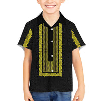 Philippines Polynesian Jasmine Pattern Family Matching Off The Shoulder Long Sleeve Dress and Hawaiian Shirt With Barong Tagalog Black Style