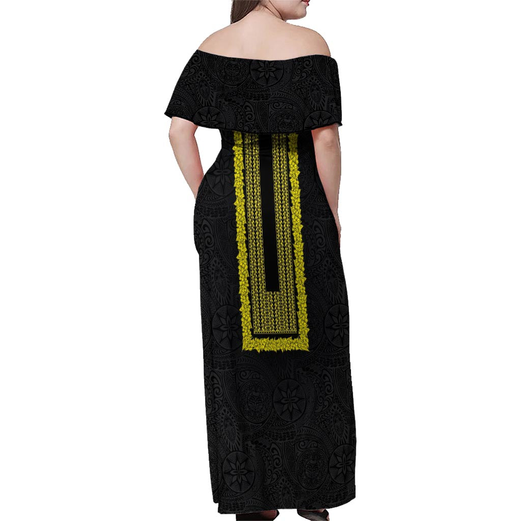 Philippines Polynesian Jasmine Pattern Family Matching Off Shoulder Maxi Dress and Hawaiian Shirt With Barong Tagalog Black Style