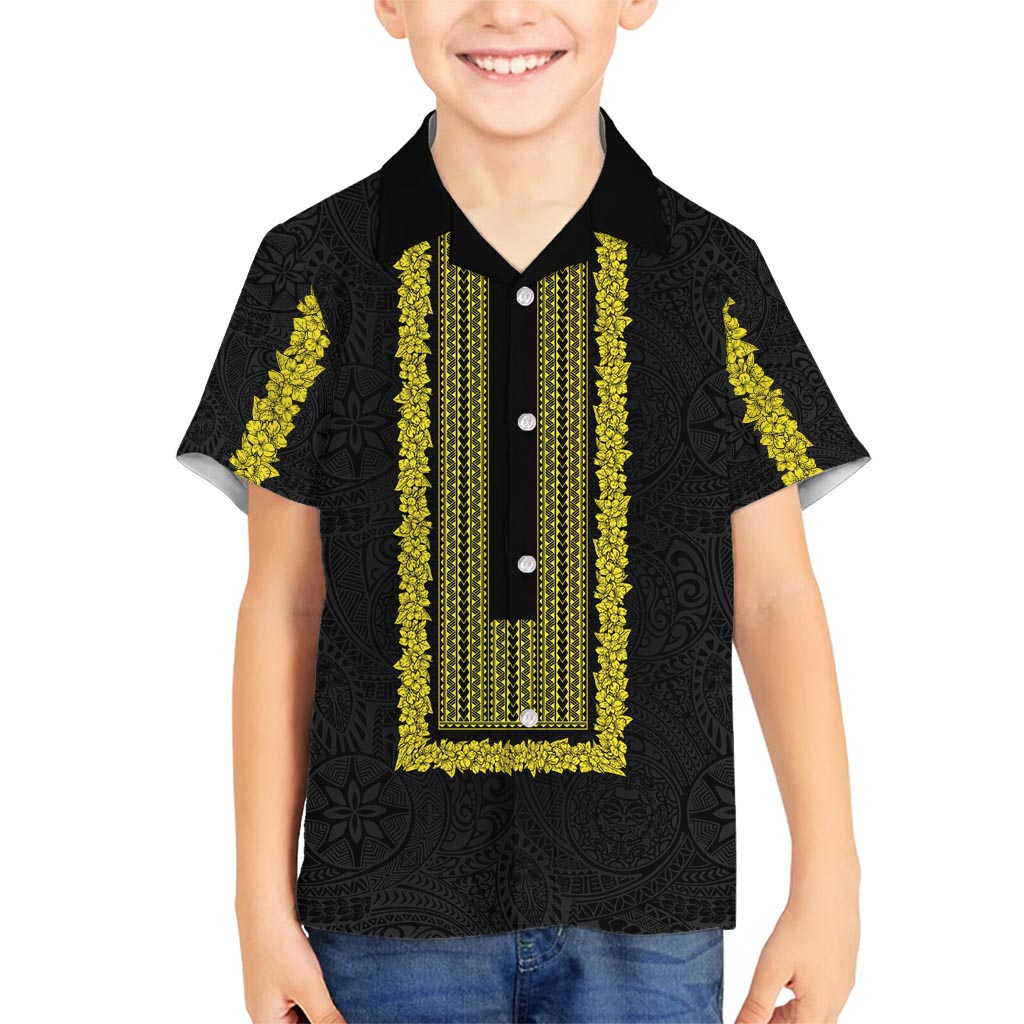 Philippines Polynesian Jasmine Pattern Family Matching Summer Maxi Dress and Hawaiian Shirt With Barong Tagalog Black Style