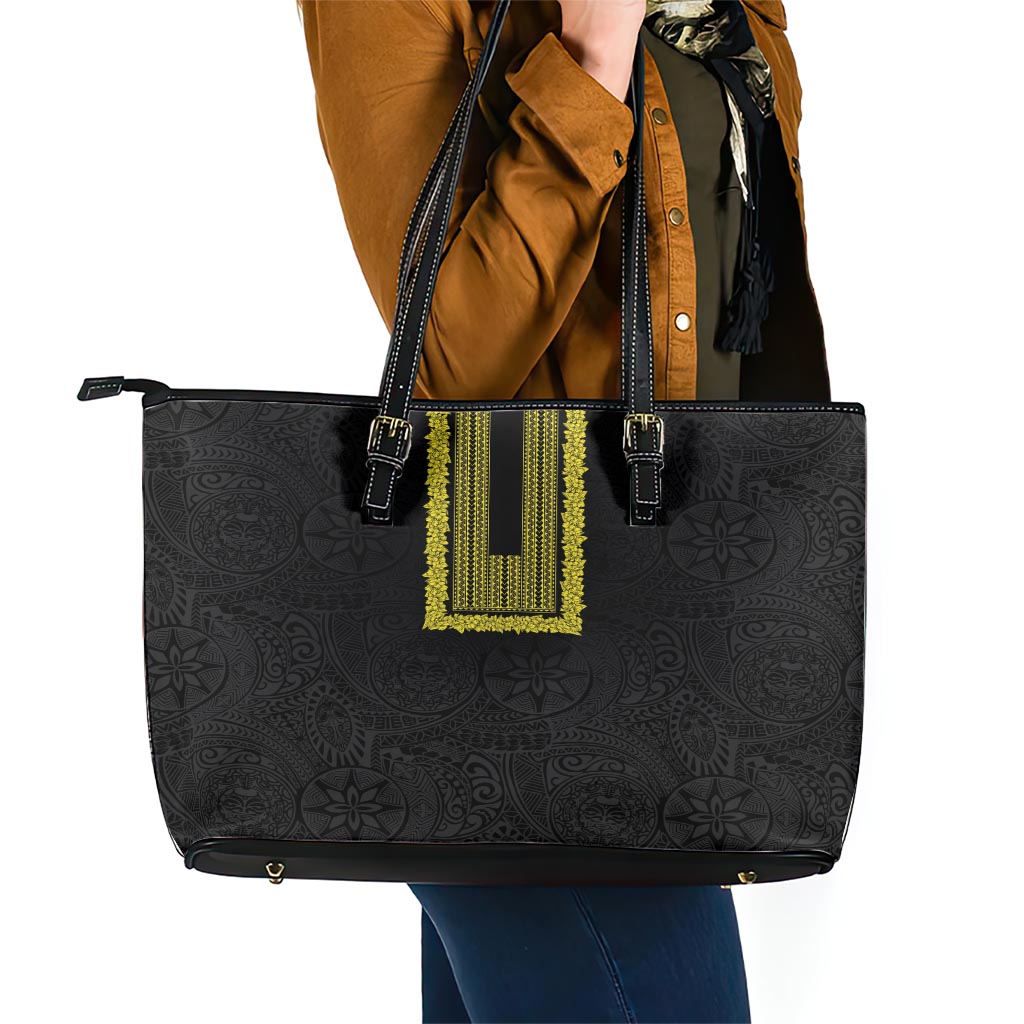 Philippines Polynesian Jasmine Pattern Leather Tote Bag With Barong Tagalog Black Style