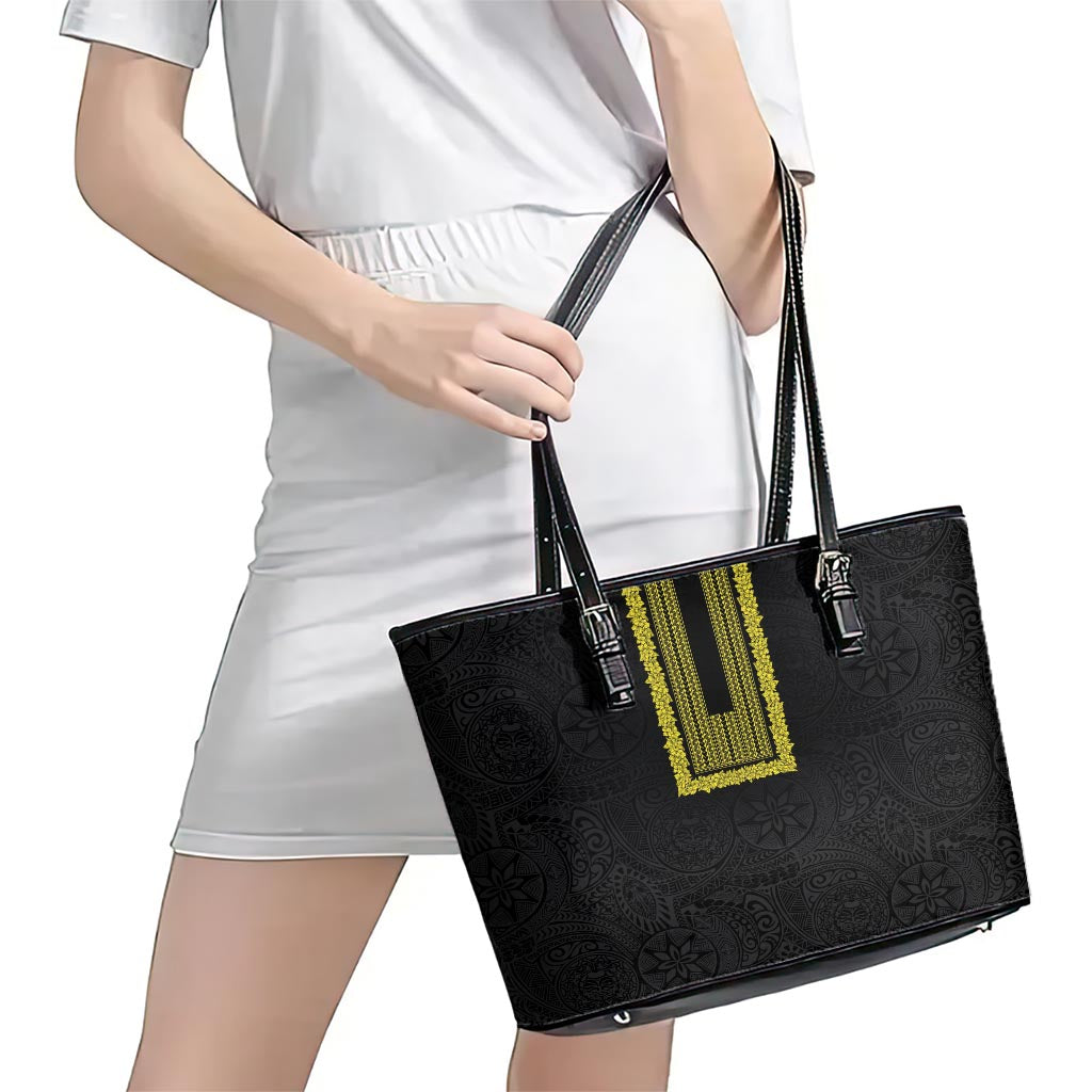 Philippines Polynesian Jasmine Pattern Leather Tote Bag With Barong Tagalog Black Style