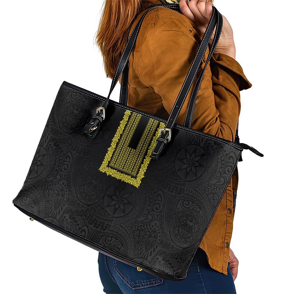 Philippines Polynesian Jasmine Pattern Leather Tote Bag With Barong Tagalog Black Style