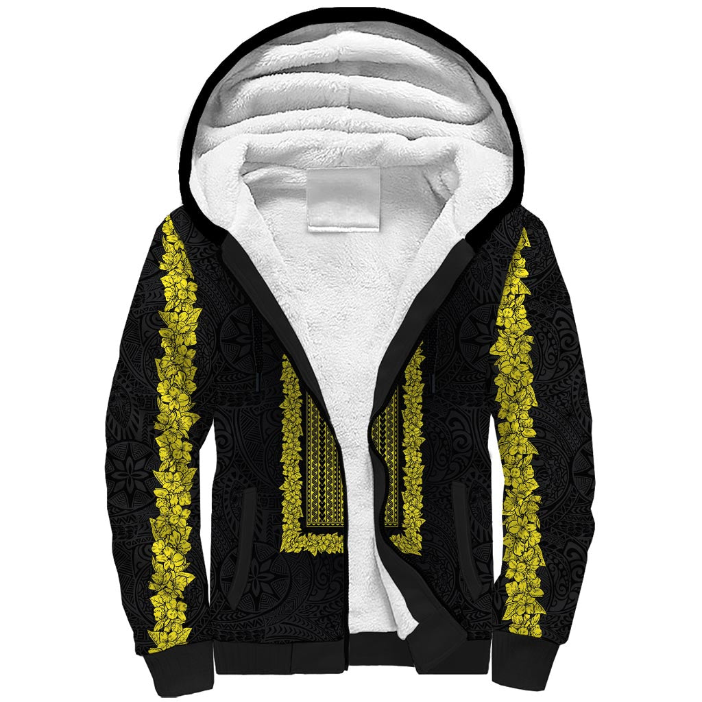 Philippines Polynesian Jasmine Pattern Sherpa Hoodie With Barong Tagalog Black Style