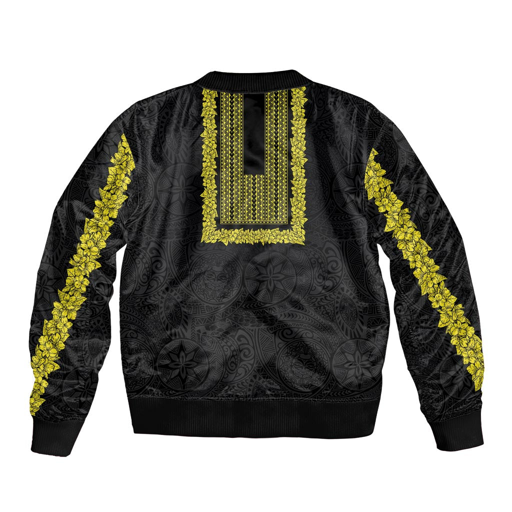 Philippines Polynesian Jasmine Pattern Sleeve Zip Bomber Jacket With Barong Tagalog Black Style