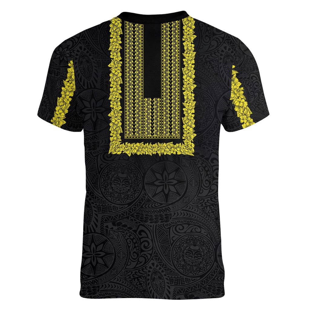 Philippines Polynesian Jasmine Pattern Women V-Neck T-Shirt With Barong Tagalog Black Style