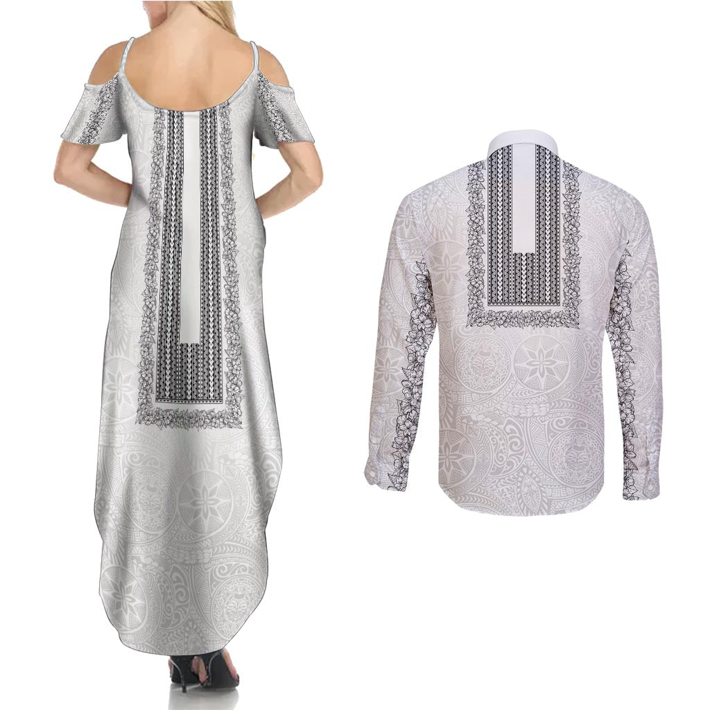 Philippines Polynesian Jasmine Pattern Couples Matching Summer Maxi Dress and Long Sleeve Button Shirt With Barong Tagalog White Style LT03 - Polynesian Pride