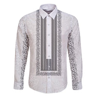 Philippines Polynesian Jasmine Pattern Family Matching Off Shoulder Short Dress and Hawaiian Shirt With Barong Tagalog White Style