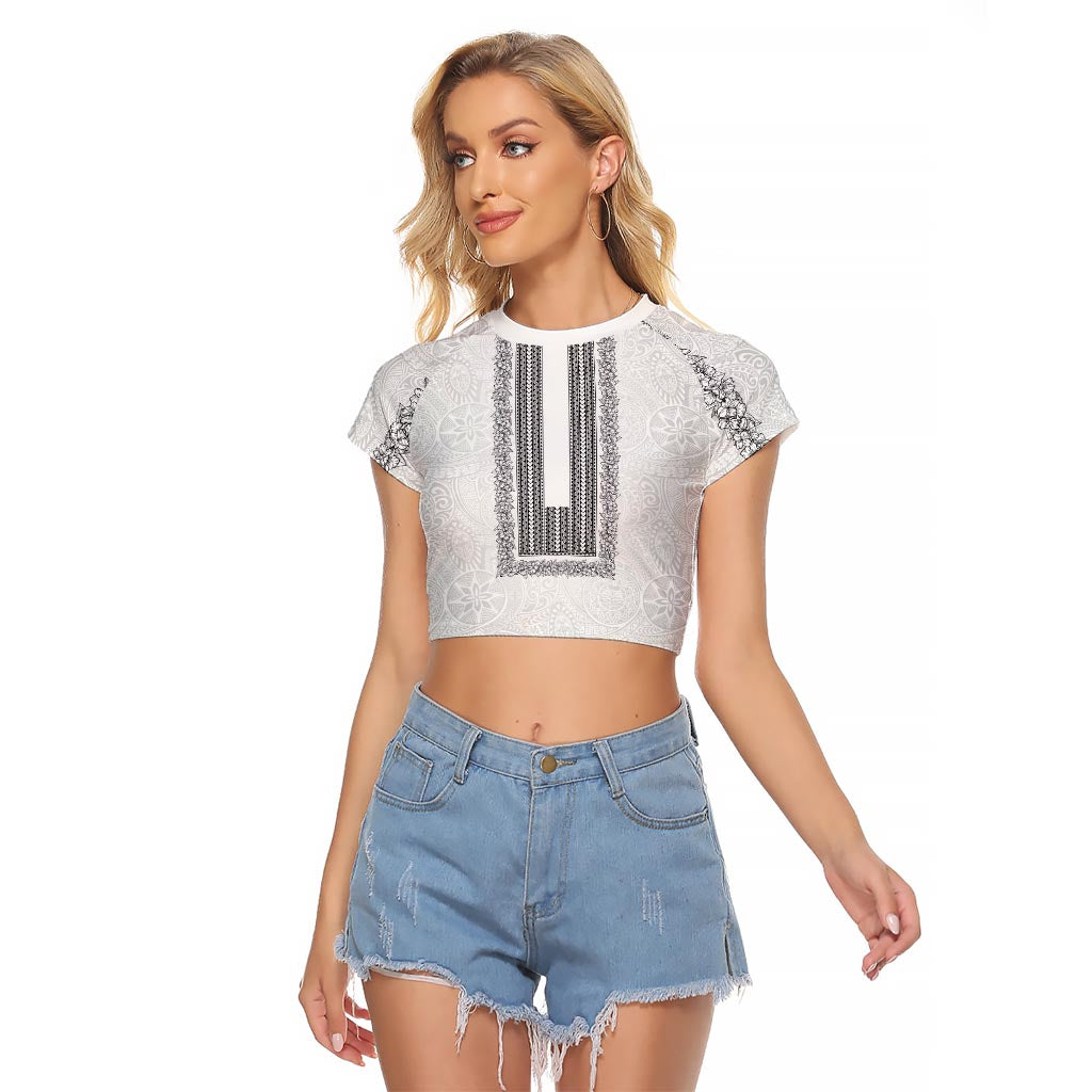 Philippines Polynesian Jasmine Pattern Raglan Cropped T Shirt With Barong Tagalog White Style