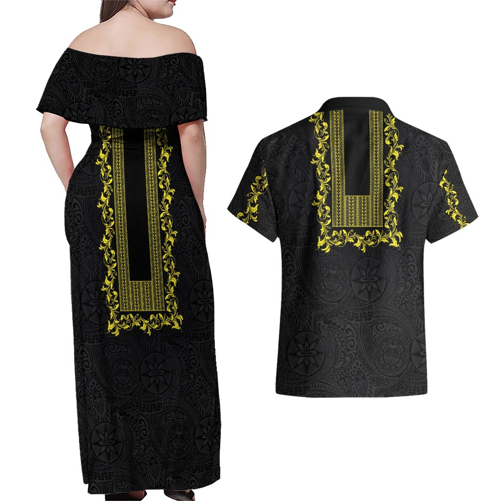 Philippines Polynesian Floral Pattern Couples Matching Off Shoulder Maxi Dress and Hawaiian Shirt With Barong Tagalog Black Style
