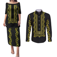 Philippines Polynesian Floral Pattern Couples Matching Puletasi and Long Sleeve Button Shirt With Barong Tagalog Black Style