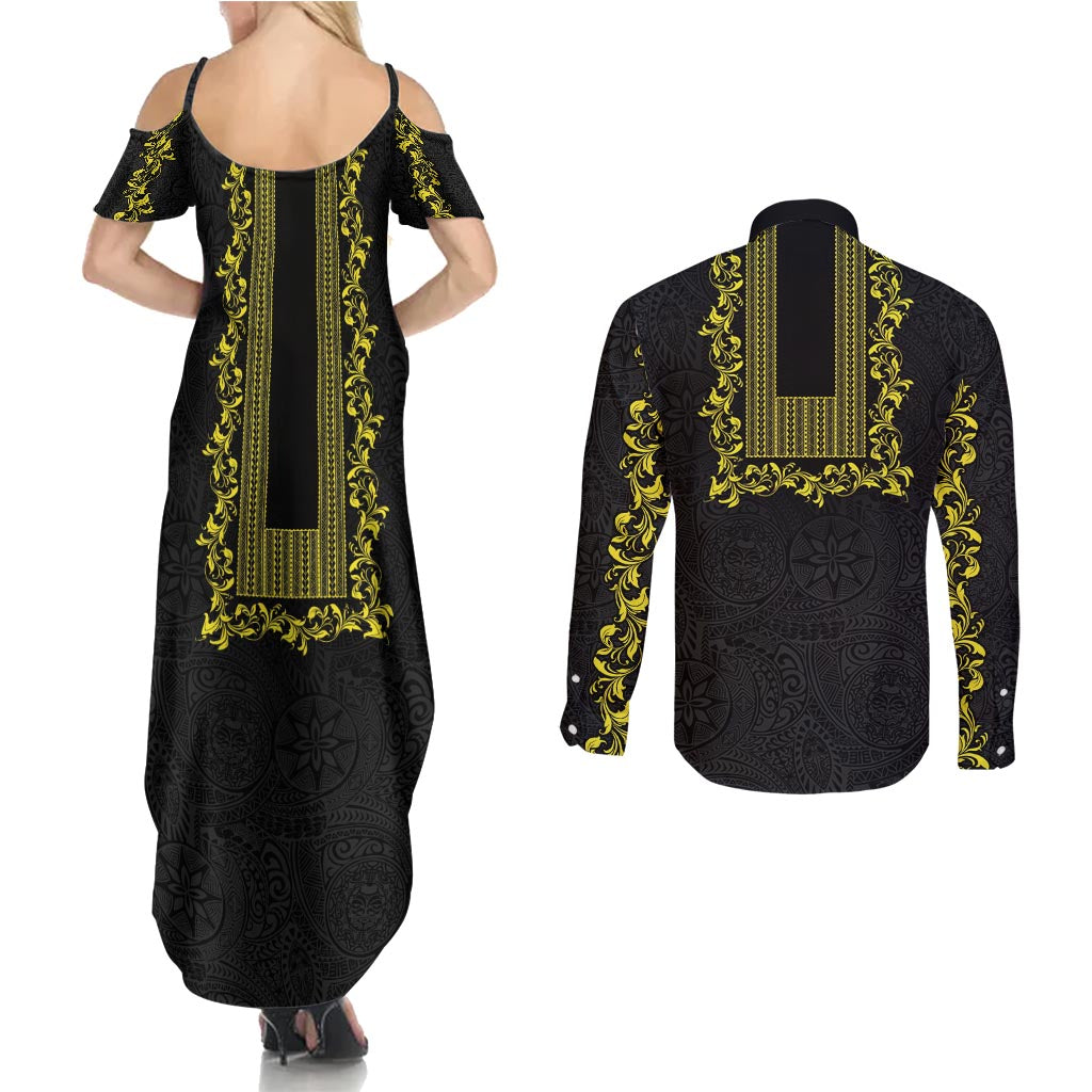 Philippines Polynesian Floral Pattern Couples Matching Summer Maxi Dress and Long Sleeve Button Shirt With Barong Tagalog Black Style
