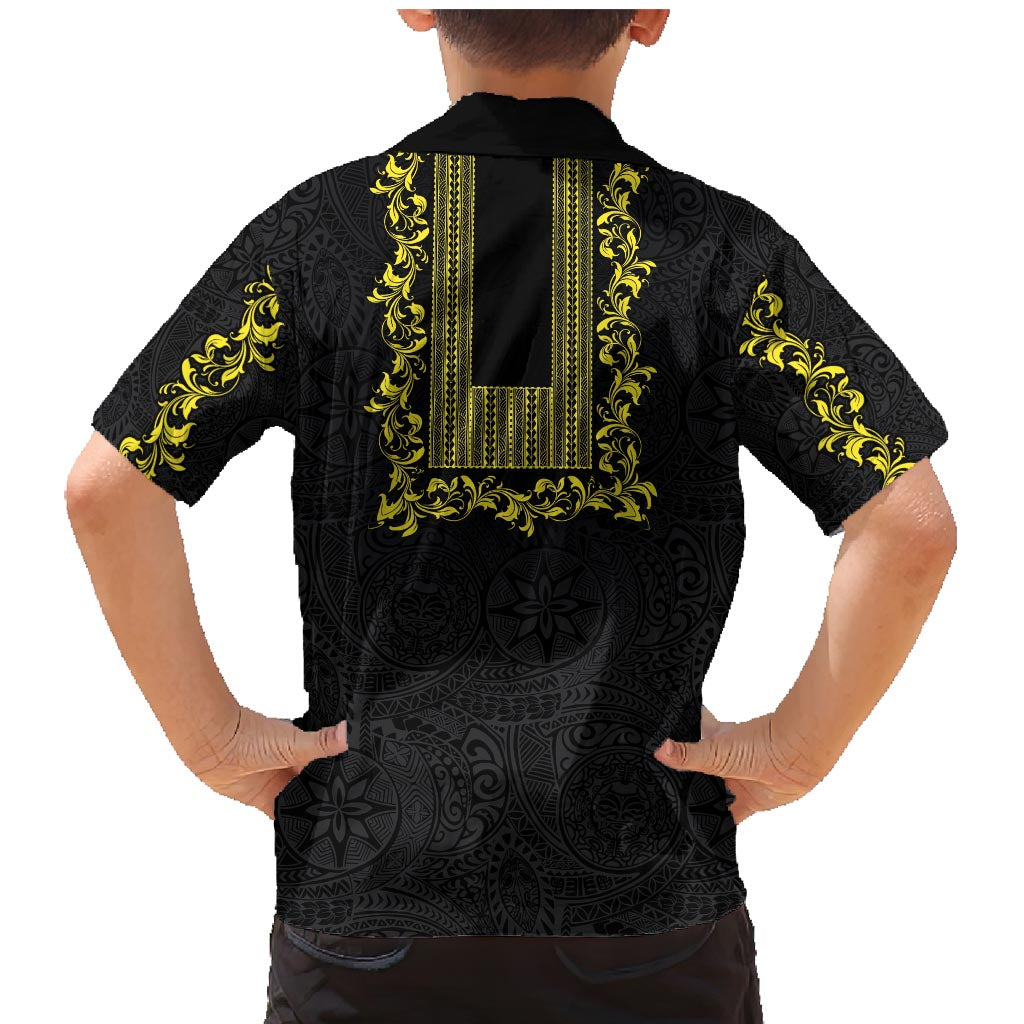 Philippines Polynesian Floral Pattern Family Matching Mermaid Dress and Hawaiian Shirt With Barong Tagalog Black Style
