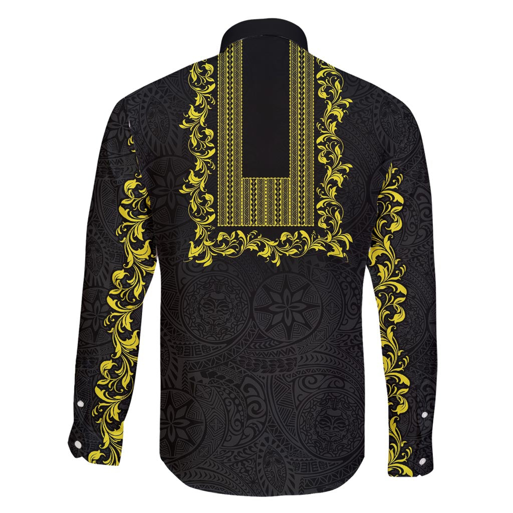 Philippines Polynesian Floral Pattern Family Matching Mermaid Dress and Hawaiian Shirt With Barong Tagalog Black Style
