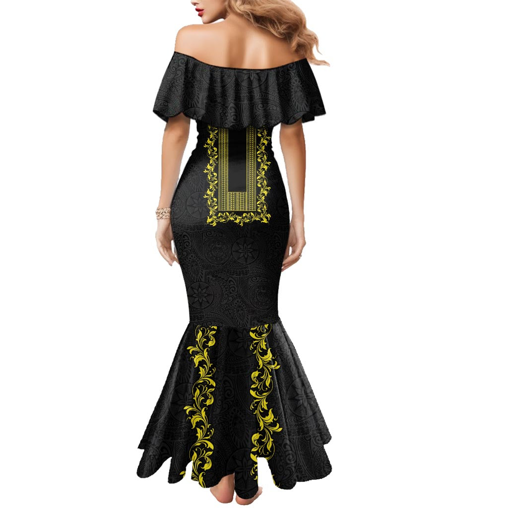 Philippines Polynesian Floral Pattern Family Matching Mermaid Dress and Hawaiian Shirt With Barong Tagalog Black Style