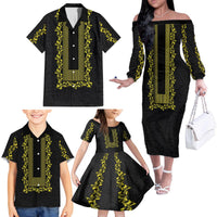 Philippines Polynesian Floral Pattern Family Matching Off The Shoulder Long Sleeve Dress and Hawaiian Shirt With Barong Tagalog Black Style