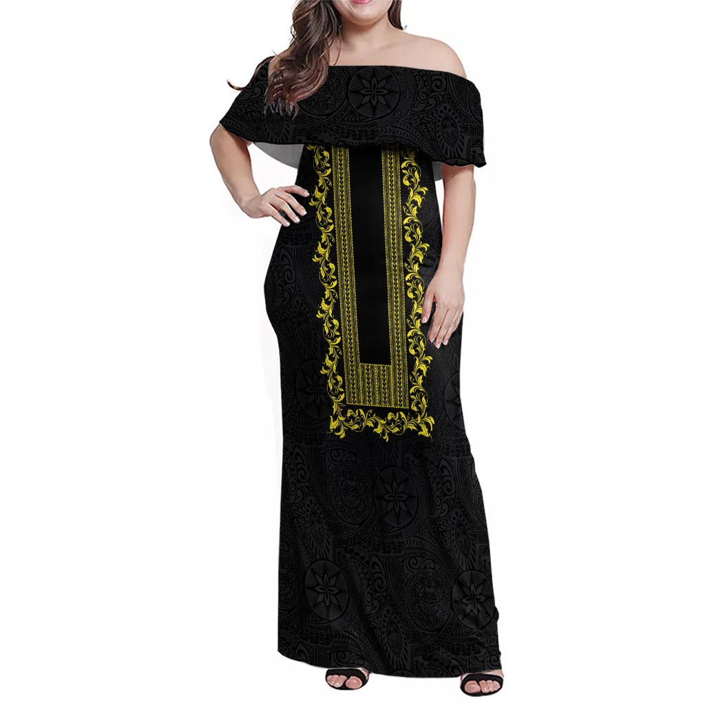 Philippines Polynesian Floral Pattern Family Matching Off Shoulder Maxi Dress and Hawaiian Shirt With Barong Tagalog Black Style