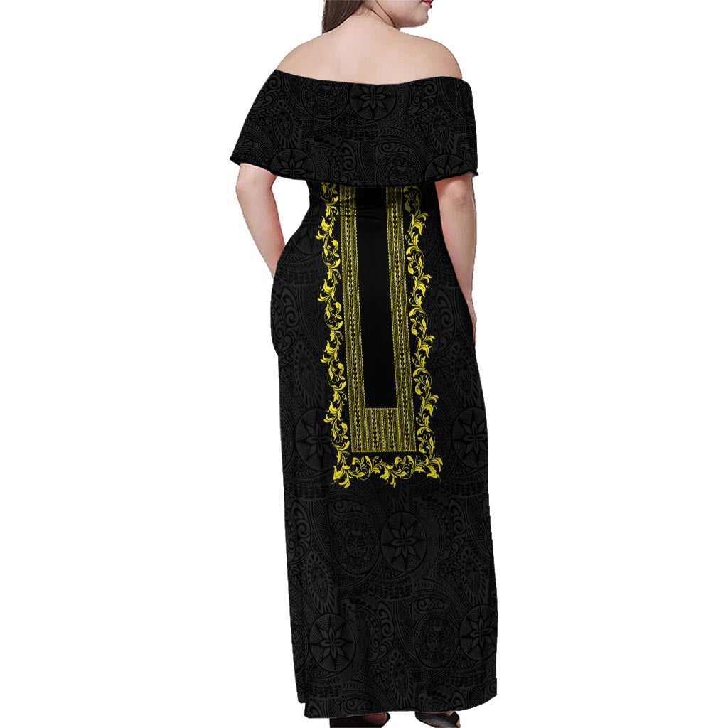 Philippines Polynesian Floral Pattern Family Matching Off Shoulder Maxi Dress and Hawaiian Shirt With Barong Tagalog Black Style