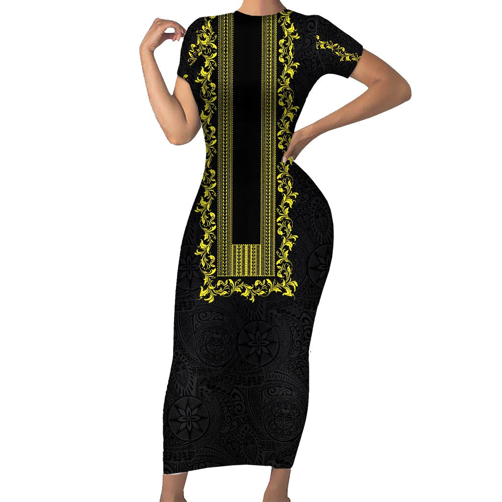 Philippines Polynesian Floral Pattern Family Matching Short Sleeve Bodycon Dress and Hawaiian Shirt With Barong Tagalog Black Style