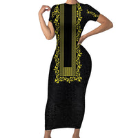 Philippines Polynesian Floral Pattern Family Matching Short Sleeve Bodycon Dress and Hawaiian Shirt With Barong Tagalog Black Style