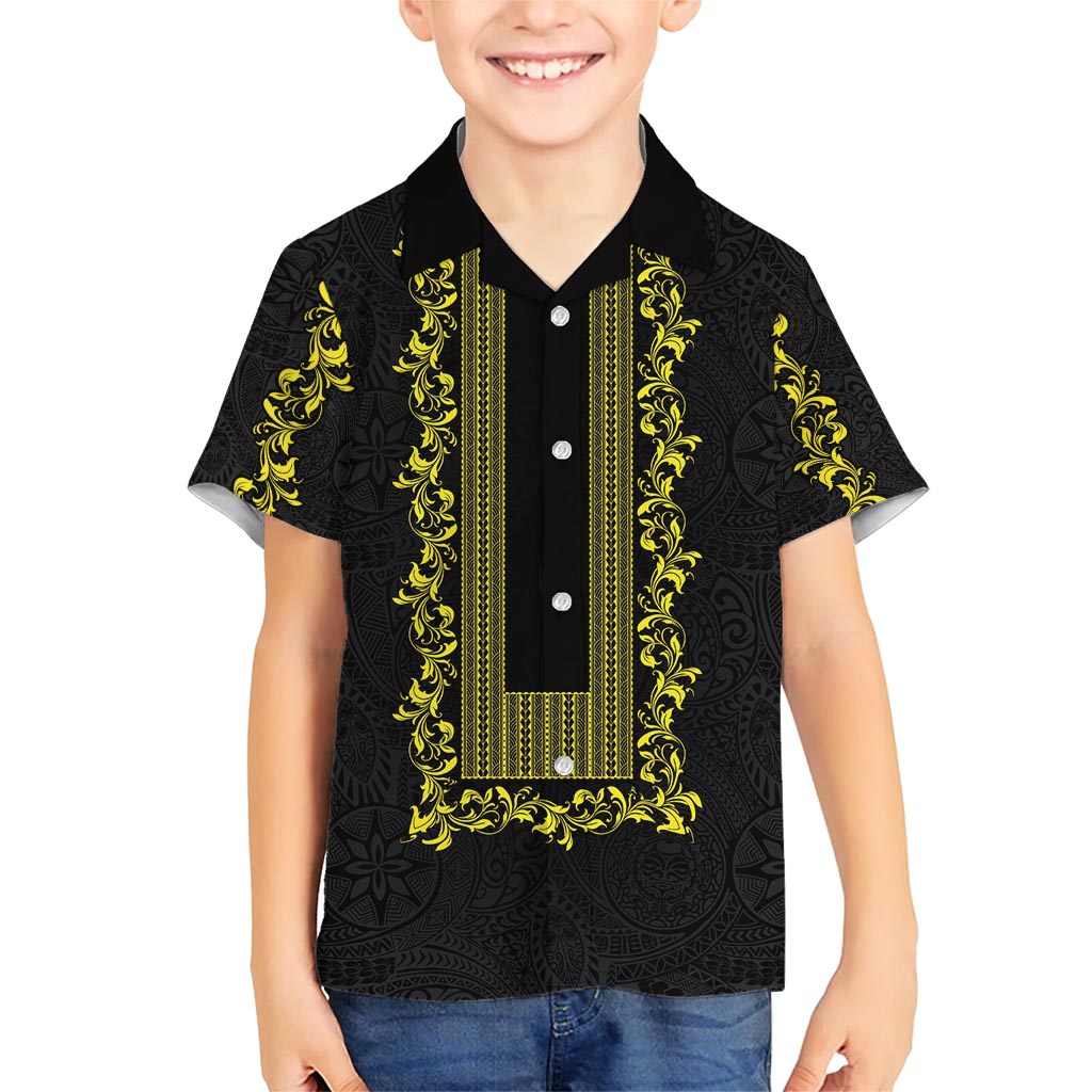 Philippines Polynesian Floral Pattern Family Matching Short Sleeve Bodycon Dress and Hawaiian Shirt With Barong Tagalog Black Style