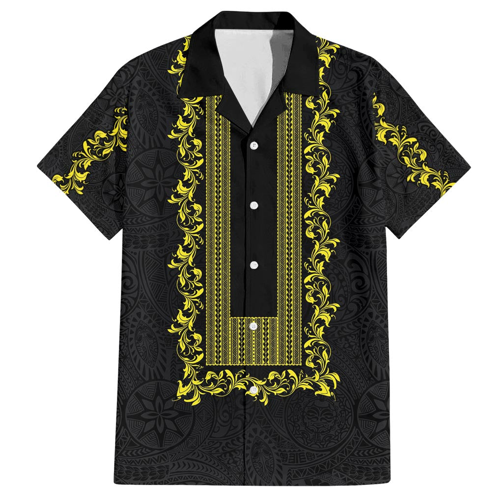 Philippines Polynesian Floral Pattern Family Matching Tank Maxi Dress and Hawaiian Shirt With Barong Tagalog Black Style