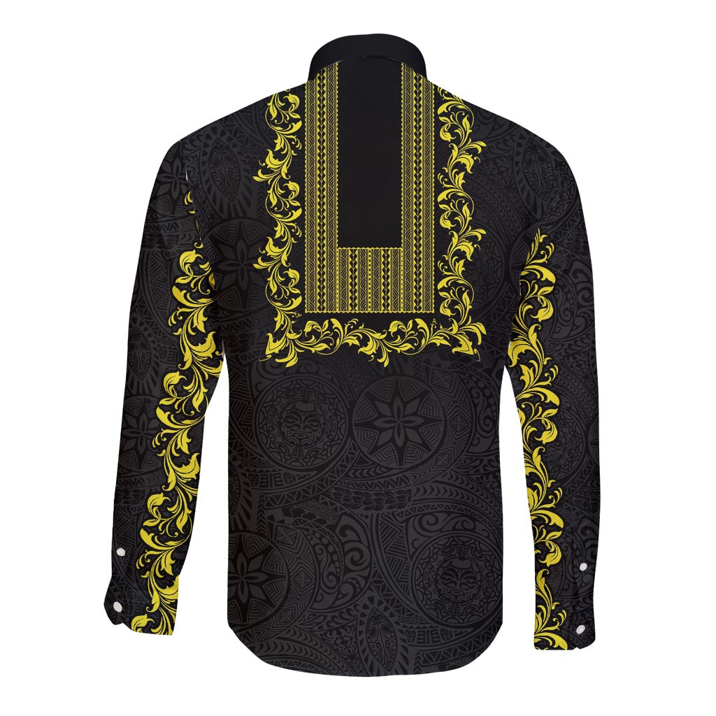 Philippines Polynesian Floral Pattern Long Sleeve Button Shirt With Barong Tagalog Black Style