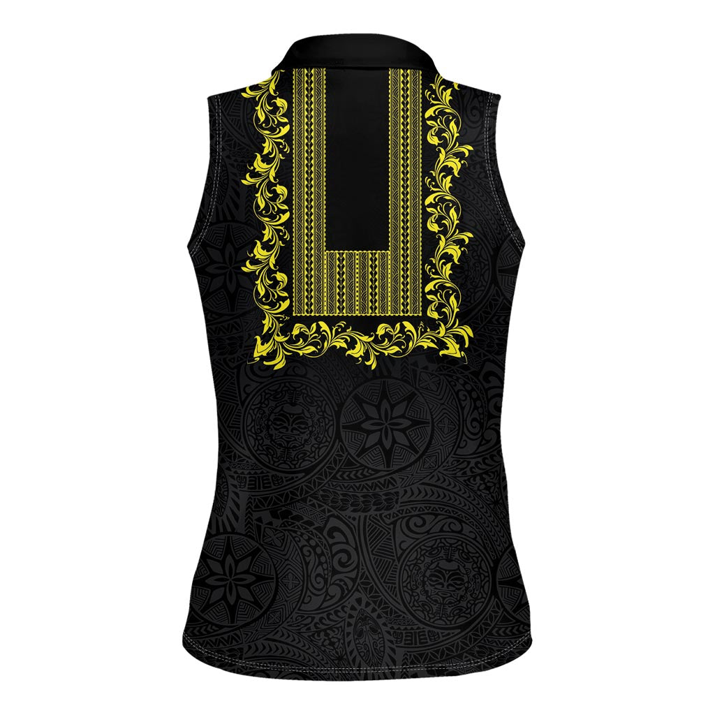 Philippines Polynesian Floral Pattern Women Sleeveless Polo Shirt With Barong Tagalog Black Style
