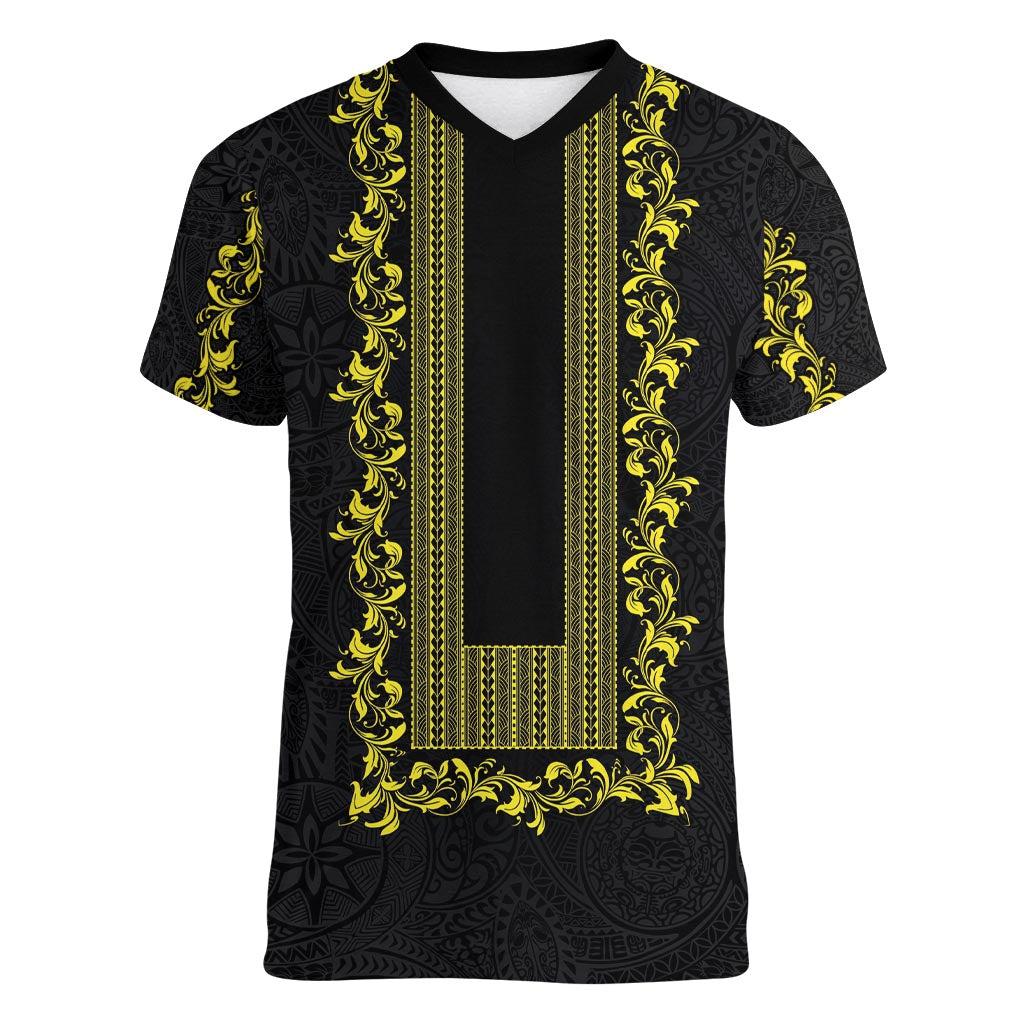 Philippines Polynesian Floral Pattern Women V-Neck T-Shirt With Barong Tagalog Black Style