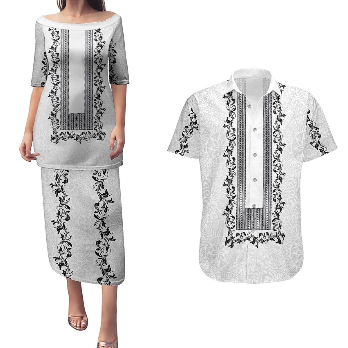 Philippines Polynesian Floral Pattern Couples Matching Puletasi and Hawaiian Shirt With Barong Tagalog White Style LT03 White - Polynesian Pride