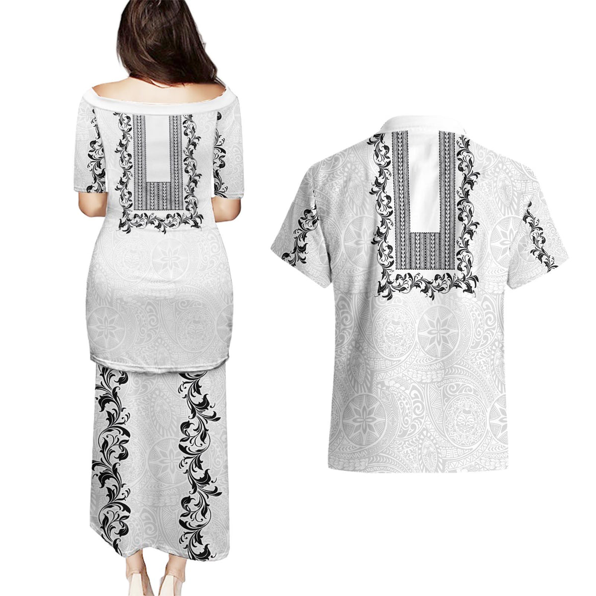 Philippines Polynesian Floral Pattern Couples Matching Puletasi and Hawaiian Shirt With Barong Tagalog White Style LT03 - Polynesian Pride