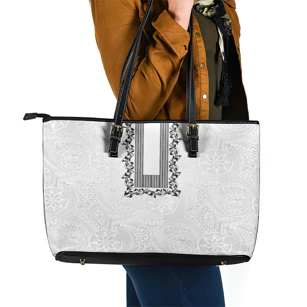 Philippines Polynesian Floral Pattern Leather Tote Bag With Barong Tagalog White Style