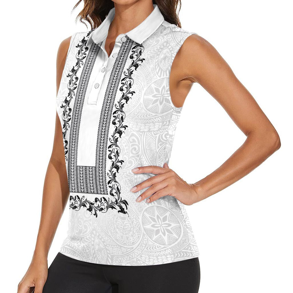 Philippines Polynesian Floral Pattern Women Sleeveless Polo Shirt With Barong Tagalog White Style